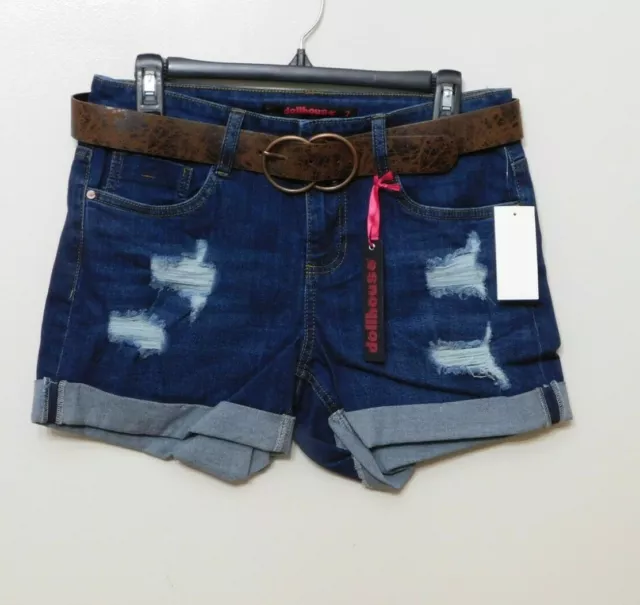 JR1 Dollhouse Blue Juniors' Distressed Belted Cuffed Denim Shorts - Size 11