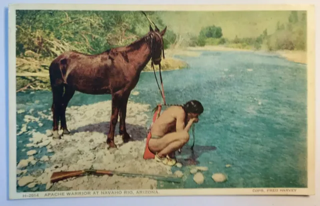 Apache Warrior At Navajo Rio AZ Fred Harvey Phostint Postcard Native  Vintage