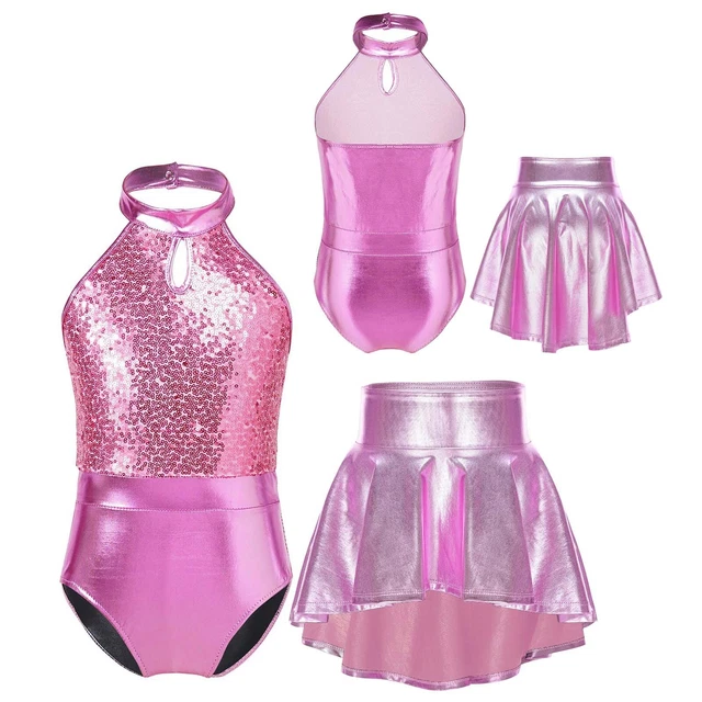 Costume da ballo per bambine paillettes costume da ballo body top e gonna abito collo