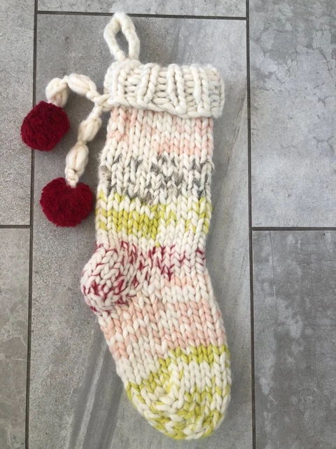 West Elm Chunky Knit Wool Blend Christmas Stocking with Pom Poms 6"x 19"