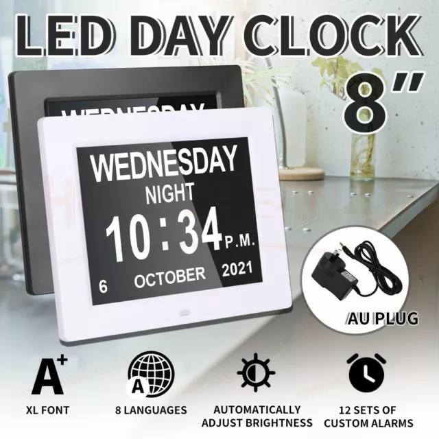 8inch LED Dementia Digital Calendar Clock Alarm Day/Week/Month/Year Extra Large