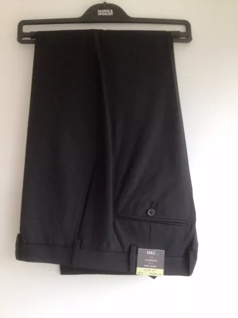 M&S Ultimate Suit Trousers W 36 L 29 Slim Fit Black Wool Blend BNWT