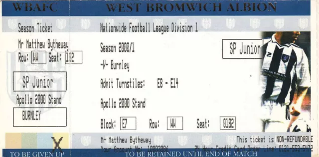 Ticket - West Bromwich Albion v Burnley 04.11.00