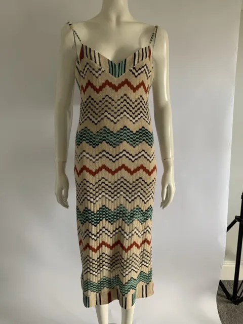 MISSONI IT 44 UK 12 Beige Striped Zig Zag Midi Sleeveless V-Neck Lined Dress