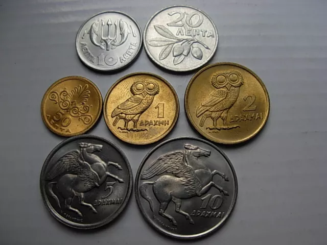 Greece 1973 B  7 coins set Athenian owl, Pegasus, Olive branch , Phoenix , UNC