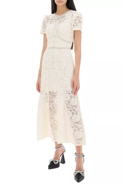 Self- portrait  Midi Dress In Floral Lace With Crystal Bow Color White