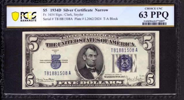 1934 D $5 Silver Certificate Note Narrow Fr.1654 Ta Block Pcgs B Cu 63 Ppq
