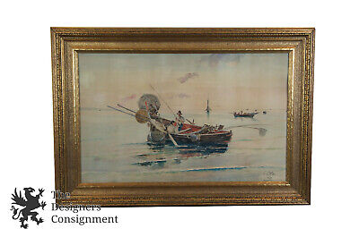 Olleroy Blas 19th Century Italian Watercolor Seascape Painting Fishing Boats 42"