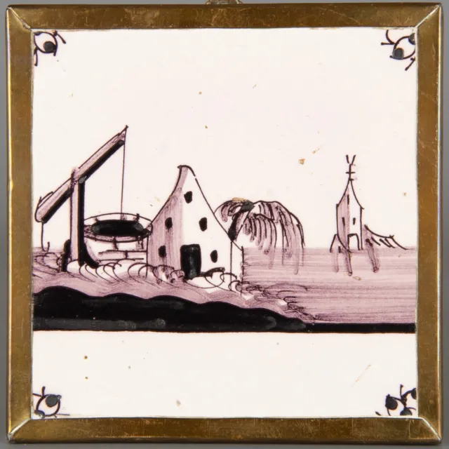 Nice Dutch Delft Manganese tile, landscape with house and well, 19th. century.