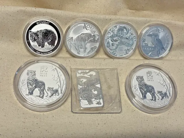Collection of silver Bullion Tiger, Wombat, Dragon, Koala and Kookaburra 2022