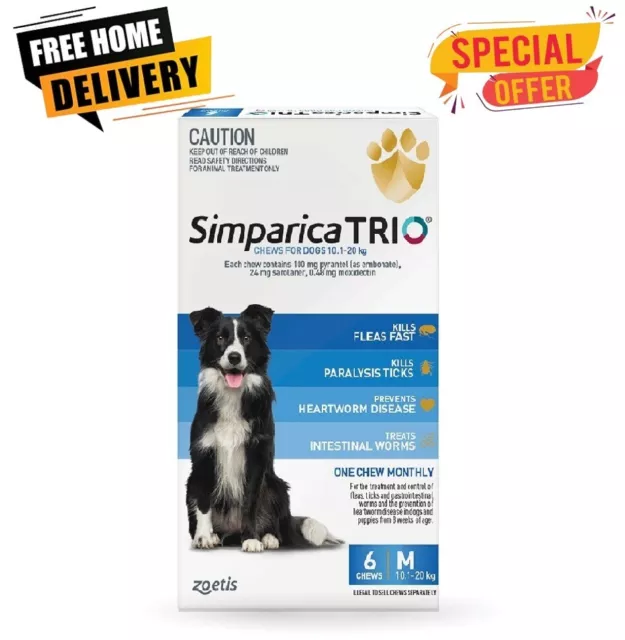 Simparica TRIO For Medium Dogs 10 - 20kg Blue 6 Pack - Free Delivery