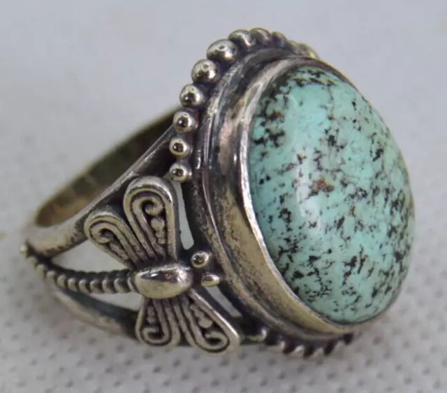 Ancient Antique Victorian Silver Ring flowers Ring Amazing With Turquoise Stone