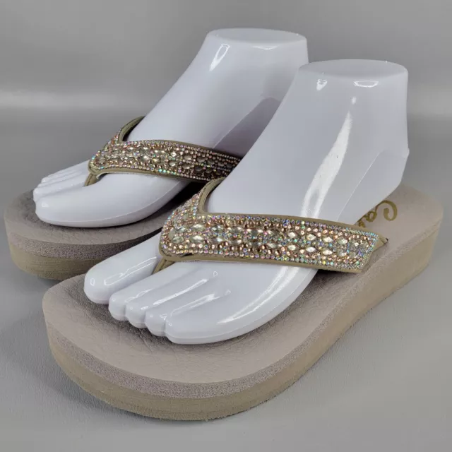 Skechers Yoga Foam Women Size 8 Wedge Platform Sandal White Rhinestone Flip  Flop