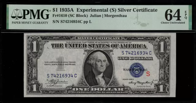 1935A $1 Silver Certificate FR-1610 "S" Experimental - PMG 64 EPQ Uncirculated