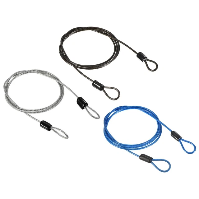 Security Cable 2.5mmx1m Coated Rope w Loop Transparent,Black,Blue 3Pcs