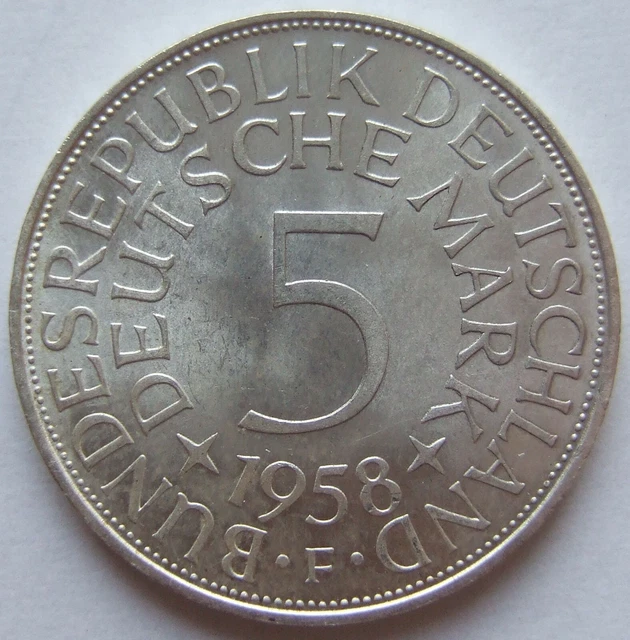 Moneta Rfg Aquila Argento 5 Tedesco Marchi 1958 F IN Brillant uncirculated