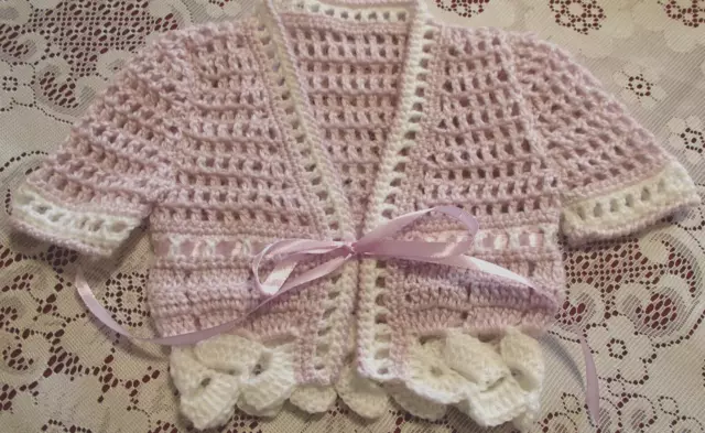 Handmade Crochet Baby short sleeved jacket made in Patons 4ply baby yarn