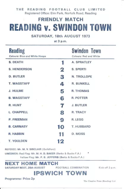 Reading v Swindon Town (Friendly) 1973/1974 - single sheet football programme