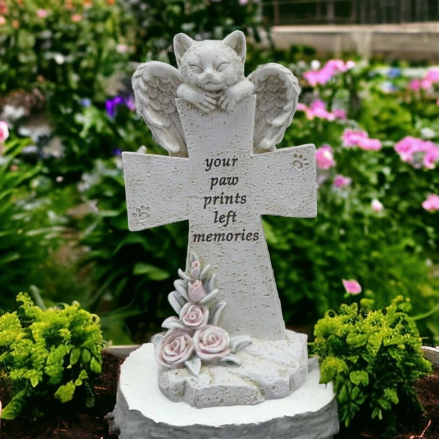 Angel Cat Wings Memorial CROSS Statue Garden Pet Grave Marker Polyresin Plaque