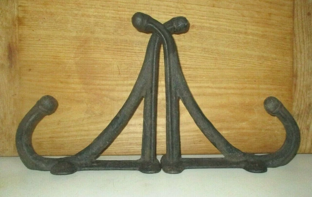 Pair Heavy Duty 8" Antique Cast Iron Coat Hat Or Harness Tack Wall Hooks 2