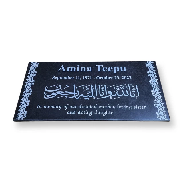 ISLAMIC HEADSTONE BLACK Granite Muslim Grave Marker Silver Engraved