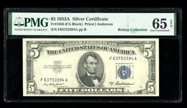 DBR 1953-A $5 Silver Gem Fr. 1656 FA Block PMG 65 EPQ Serial F63753394A