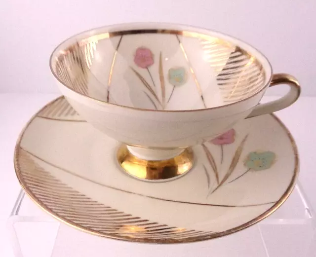 Rare Marktleuthen Winterling Bavaria Footed Cup & Saucer Gold/Pastel Flowers