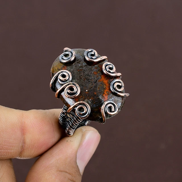 Seam Agate Gemstone Handmade Copper Wire Wrap Gift Jewelry Ring Size 7 Easter b3
