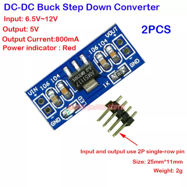 2PCS AMS1117-5V DC-DC 6-12V to 5V Buck Step-down Converter 25*11mm Regulator