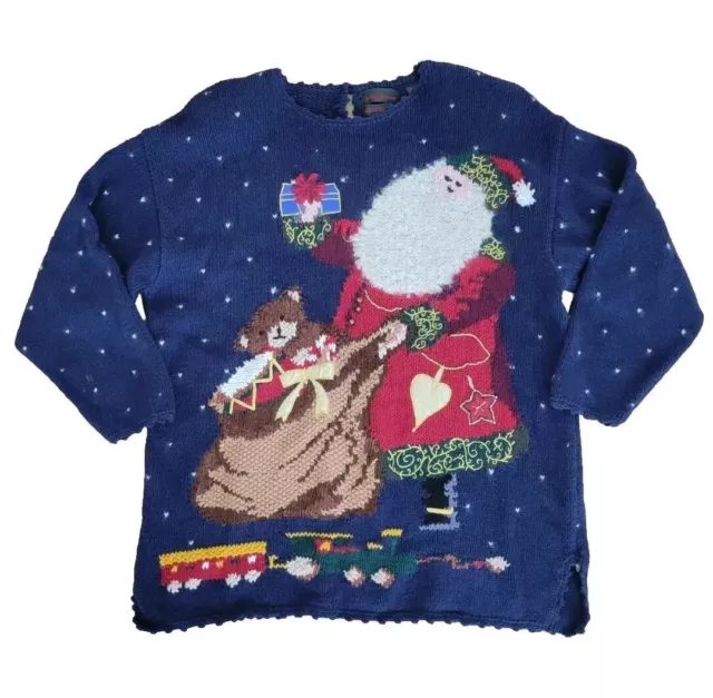 ❤️VTG XL Croft &Barrow Christmas Sweater Knit By Hand Santa Bear Presents Hearts