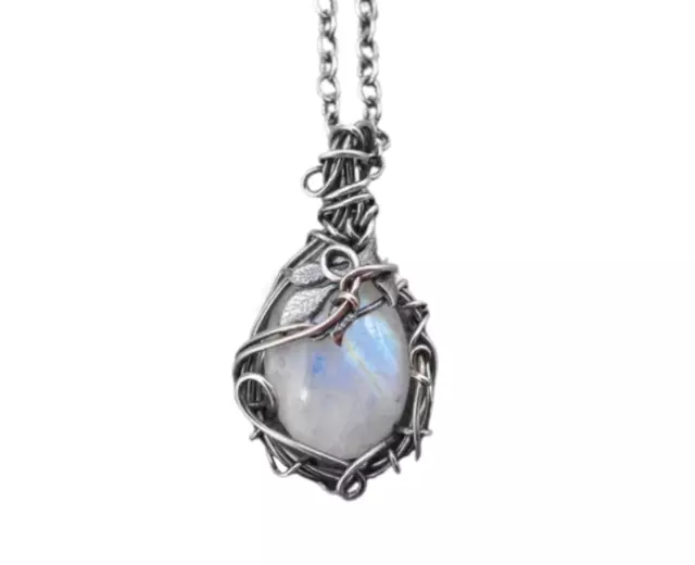 Silver Wire Wrapped Moon Stone Necklace Healing Crystal Necklace Silver tone