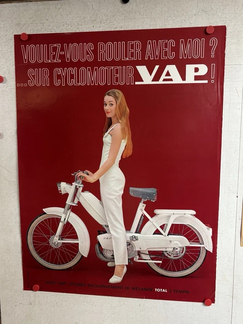 RARE AFFICHE ANCIENNE Cyclomoteur Moteur VAP Huile Total Mobylette Moto ...