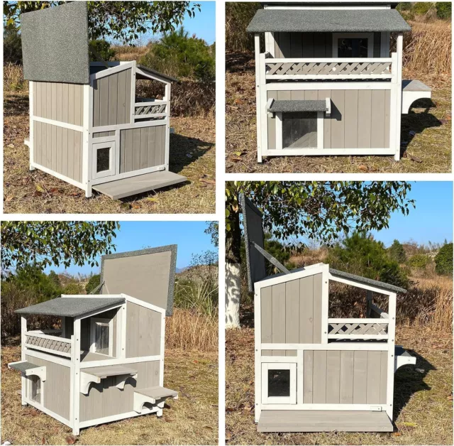 Two Story Cat House Outdoor Wooden Feral Cat Shelter with Balcony & Escape Door 3