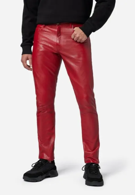 Jeans da uomo in vera pelle rossa Jeans 5 tasche Jeans in pelle da moto in pelle