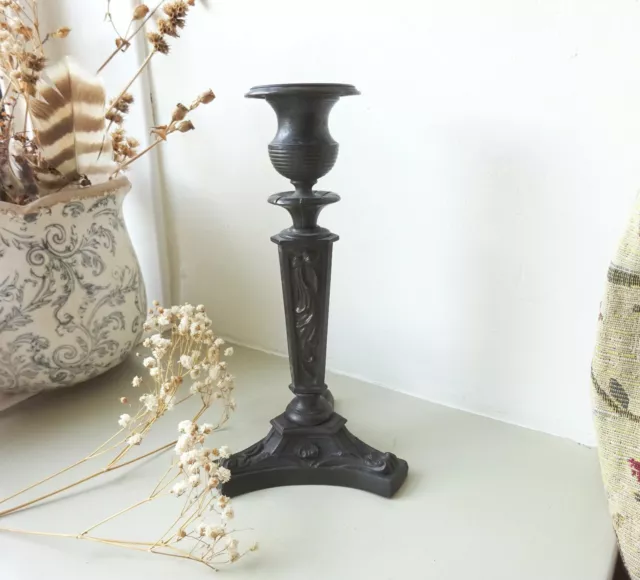 Antique French bronze candlestick, Regency neoclassical embossed candle holder