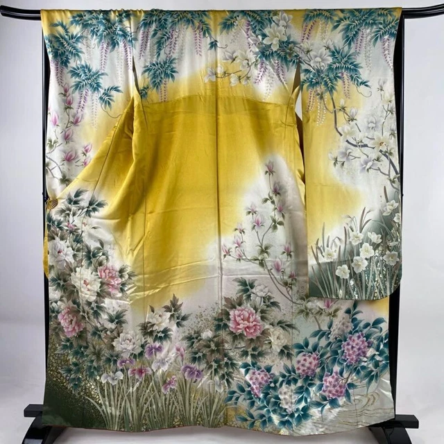 Japanese Kimono Furisode Pure Silk Moutan Calamus Gradation Bright Golden Yellow