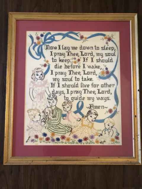 Vintage Framed Nursery Cross Stitch Childs Prayer Now I Lay Me Down To Sleep
