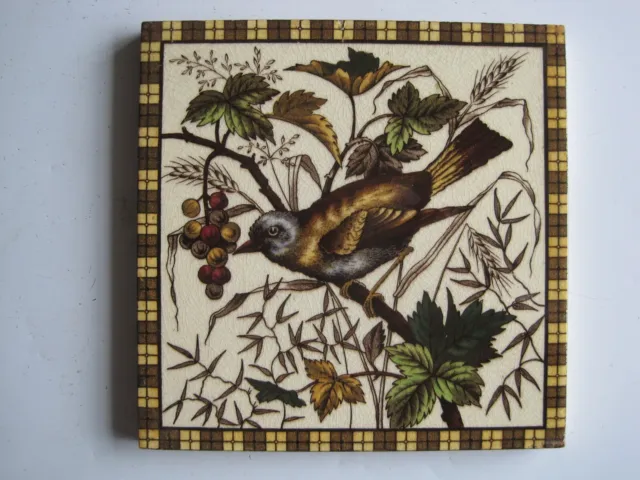 ANTIQUE VICTORIAN H A OLLIVANT PRINT AND TINT WALL TILE - BIRD & BERRIES c1895
