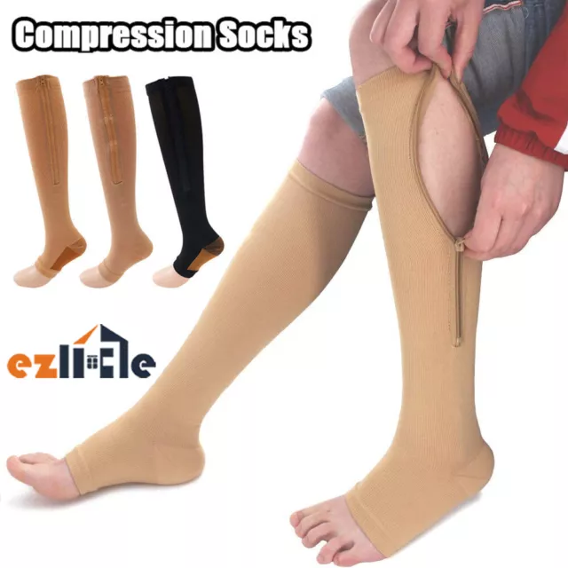 Zip Sox Compression Socks Zipper Leg Support Knee Open Toe Shaper Stockings AU