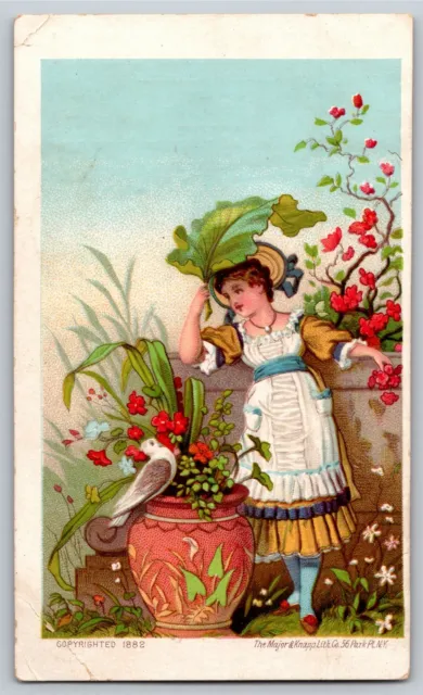 Allen's Root Beer Extract Victorian Trade Card Woman Outdoors w/ Leaf as Shade