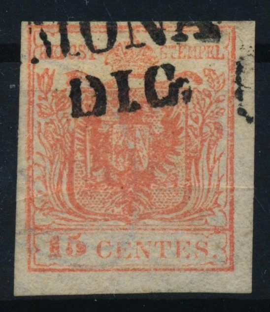 LOMBARDEI-VENETIEN 1850 15C, HP, Type II. PAPIERFALTE! GROßES WASSERZEICHEN!