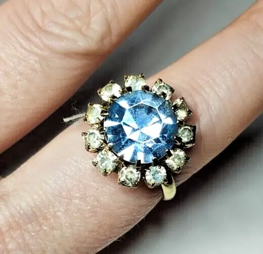 Vintage Blue and White Rhinestone Ring, Size 7 Adjustable, Gold Tone