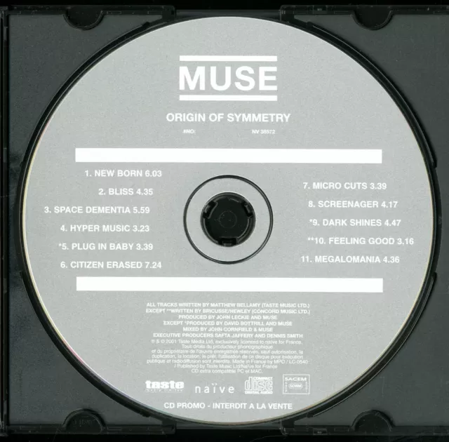 Cd Promo ★ Muse - Origin Of Symmetry ★ Album 11 Titres ★ Naïve 2001