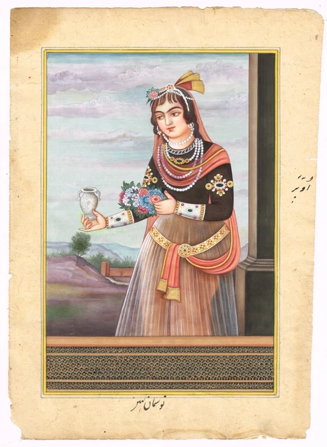 Peinture Persane Miniature Originale - Scène De Femme Fumant Le Narguilé - Fait Main Sur Papier (15,2x27,9 Cm)