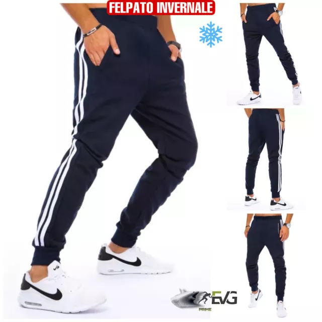 Pantalone Uomo Tuta Sport Palestra Invernale Cotone Felpato Bande Laterali Tasca