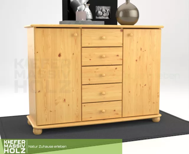 Anika Kommode Sideboard | Anrichte | 2-Türig | 5-Schubladen | 100% Bio Kiefer Ma