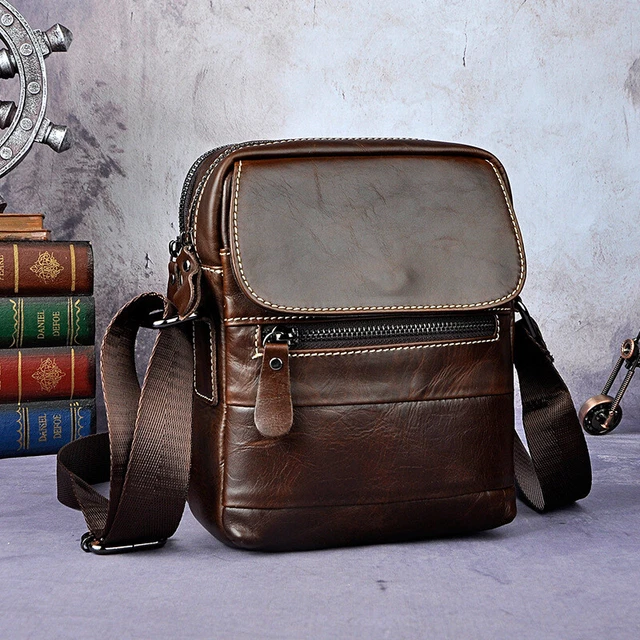 Sacoche Cuir Vintage Homme - Vide-poches Pratique Avec Multiples Compartiments Zippés, Lanière Main, Marron