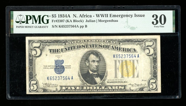 DBR 1934-A $5 Silver North Africa Fr. 2307 PMG 30 Serial K65237564A