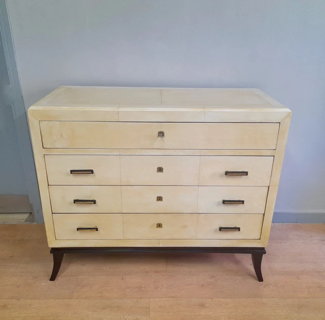 Pequeña caja de cajones art deco italiana de 1940, chapa de pergamino
