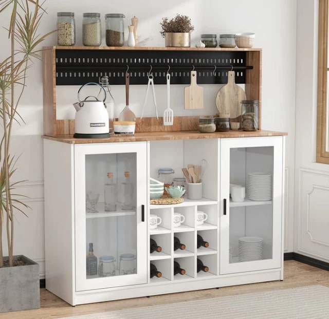 Coffee Bar Cabinet Microwave Storage Stand w/Wine Rack Kitchen Bakers Racks New